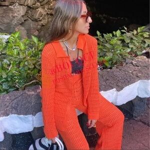 Zara orange knit wide leg chenille high waisted pants largee